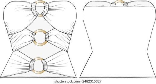 low-cut and looped gathered strapless sleeveless blouse template technical drawing flat sketch cad mockup fashion woman