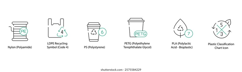 Low-Density Polyethylene, Nylon Material Symbol, Polypropylene Recycling, Polyethylene Terephthalate Glycol-Modified, Polyoxymethylene, and Bioplastic Recycling Icons - Vector Illustration