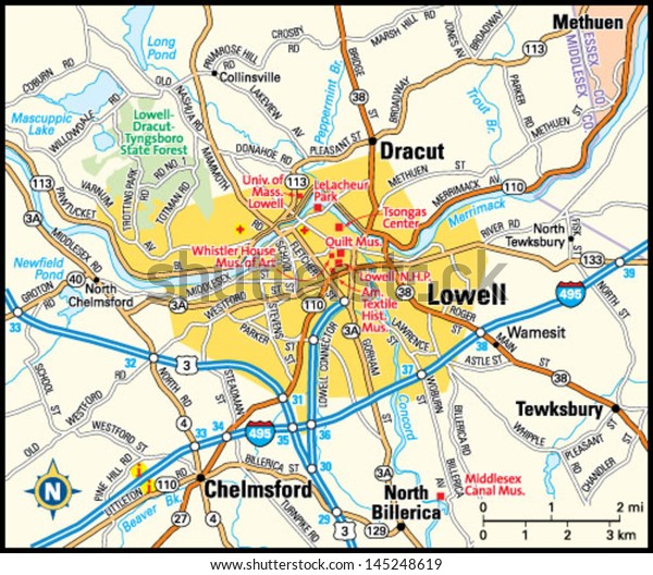 Lowell Massachusetts Area Map Stock Vector (Royalty Free) 145248619 ...