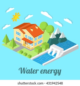Low-energy house with Hydro power plant. For web design, mobile and application interface, also useful for infographics. Isometric Passive House concept. Vector illustration.