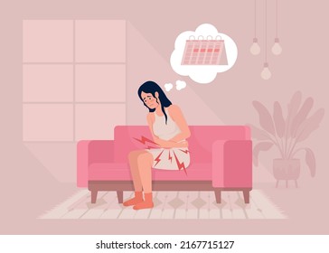 Lower abdominal pain during menstrual cycle flat color vector illustration. Young woman with painful periods. Fully editable 2D simple cartoon character with cozy living room interior on background