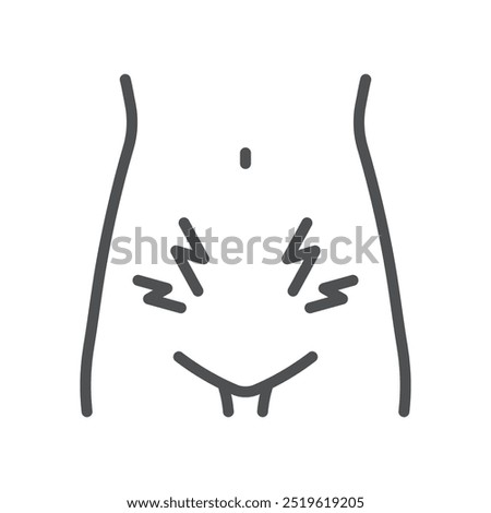 Lower Abdominal Pain Icon. Simple Line Illustration of a Female Torso with Pain Symbols, Representing Pelvic Pain and Gynecological Issues.