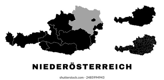 Lower Austria map, Austrian state. Austria administrative division, provinces, boroughs, and municipalities.