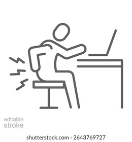 Lower back pain icon Thin line editable outline symbol showing remote worker fatigue sitting posture discomfort and office stress