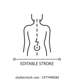 Lower back pain linear icon. Aging-related wear. Physical disability. Ruptured, bulging disc. Thin line customizable illustration. Contour symbol. Vector isolated outline drawing. Editable stroke