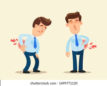 Lower Back Pain. Office Worker With Backache. Sedentary Work And
Back Ache, Side Pain. Vector Illustration, Flat Design, Cartoon Style.
Isolated Background. Side And Front View.