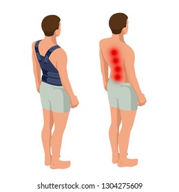 Lower back pain or Spine pain, osteoporosis. Anatomical body of a man. Rehabilitation after trauma. Orthopedics and medicine. Isometric Vector illustration