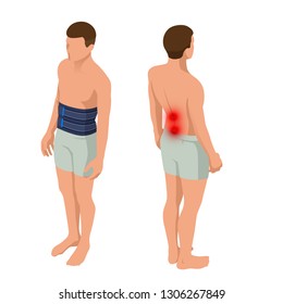 Lower back pain or Spine pain, osteoporosis. Anatomical body of a man. Rehabilitation after trauma. Orthopedics and medicine. Isometric Vector illustration