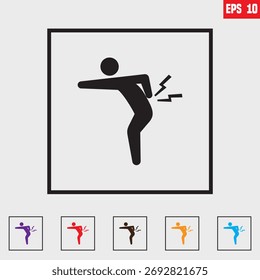 Dolor de espalda baja al despertar, a menudo de una mala postura para dormir o un colchón malo, diseño de ícono de Vector negro para Sitio web, App, IU, aislado sobre fondo blanco. Ilustración vectorial EPS 10 