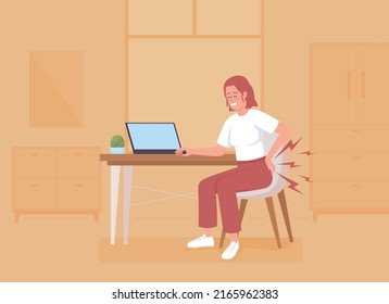 Lower back pain while seated flat color vector illustration. Woman suffering from backache after sitting all day. Fully editable 2D simple cartoon character with cozy office interior on background