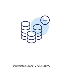Saldo menor, pilha de moedas e menos. Problemas de economia. Pixel perfeito, ícone de vetor de traçado editável