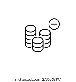 Unteres Gleichgewicht, Münzstapel und Minus. Sparprobleme. Pixel perfekt, bearbeitbares Strichvektorsymbol
