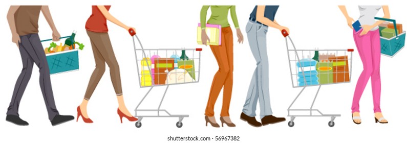 Lower Body Of People Grocery Shopping - Vector