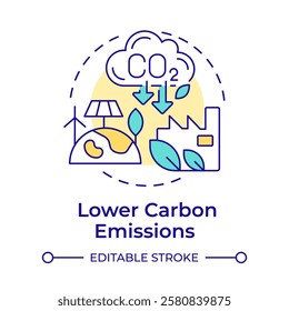 Lower carbon emissions multi color concept icon. Green production, ecology preservation. Renewable energy. Round shape line illustration. Abstract idea. Graphic design. Easy to use in infographic