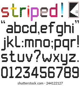 Lower case alphabets, numerals and punctuation characters in computer font with stripes. Top right box has spare stripes and corner pixels to change or create new characters. Upper case (ID:251152936)