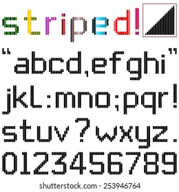 Lower case alphabets, numerals and punctuation characters in computer font with vertical stripes. Top right box has spare stripes to change or create new characters. Upper case (ID:253946755)