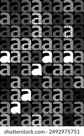 Lower case letter 'a's, filled with smaller white dots in strict grid pattern, where there is one exceptional 'c' character is mixed in