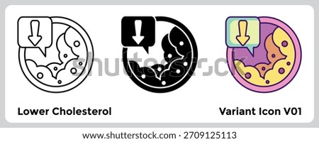 Lower Cholesterol Icon helps maintain healthy cholesterol levels through a diet free of animal fats. Line, Filled, Color style.