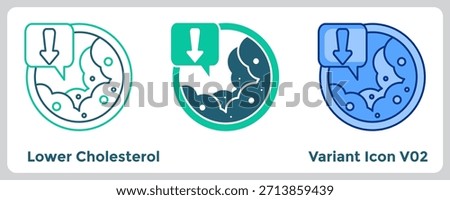 Lower Cholesterol Icon helps maintain healthy cholesterol levels through a diet free of animal fats. Blue, Flat Blue, Dualtone style.