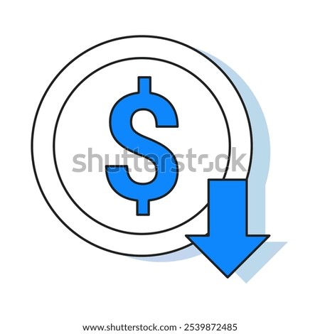 Lower Cost Icon – A Downward Arrow Pointing to a Dollar Sign, Symbolizing Reduced Expenses or Cost Savings