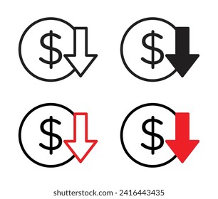 Lower Cost Vector Illustration Set. Reduce price, loss money maintenance sign in suitable for apps and websites UI design style.