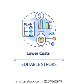 Lower costs concept icon. Strategy to decrease price for technology. Web 3 0 abstract idea thin line illustration. Isolated outline drawing. Editable stroke. Arial, Myriad Pro-Bold fonts used