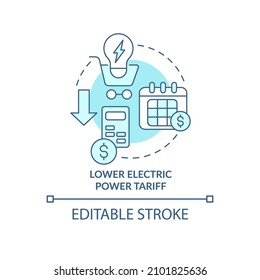 Lower electric power tariff turquoise concept icon. Profit of smart grids abstract idea thin line illustration. Isolated outline drawing. Editable stroke. Roboto-Medium, Myriad Pro-Bold fonts used