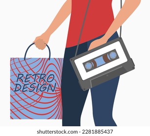 Lower half of woman with retro cassette bag vector illustration. Cartoon drawing of female character holding accessories in retro style. Retro or vintage, nostalgia concept