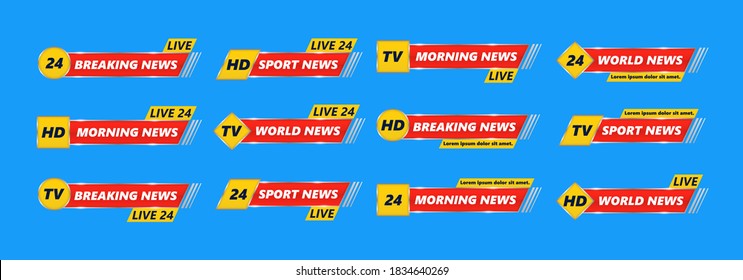 Lower header, channel name or emblem with text, third part bottom line. Breaking news TV banners set. Breaking news, Full HD, ultra HD, dramatization, live recording. Vector ui design for vlogging.