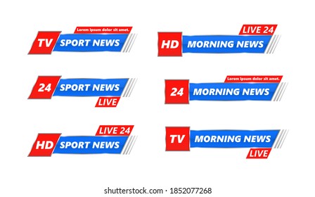 Lower header, channel name or emblem with text, third part bottom line. Breaking news TV banners set. Breaking news, Full HD, ultra HD, dramatization, live recording. Vector ui design for vlogging.