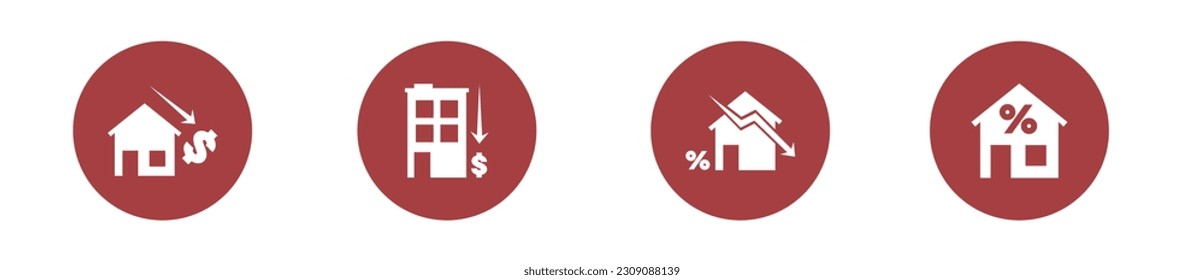 Menor costo de la vivienda conjunto de iconos circulares modernos, concepto de precios de la vivienda decreciente, íconos de venta inmobiliaria, emblemas residenciales, símbolos de venta de departamentos aislados en fondo blanco