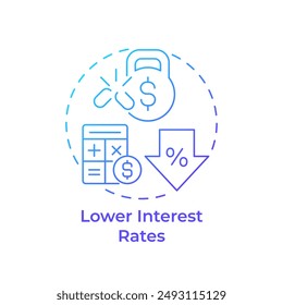 Lower interest rates blue gradient concept icon. Debt relief solution, expenditure. Round shape line illustration. Abstract idea. Graphic design. Easy to use in infographic, presentation