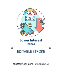 Lower interest rates concept icon. Loan program. Encouraging business activity abstract idea thin line illustration. Isolated outline drawing. Editable stroke. Arial, Myriad Pro-Bold fonts used
