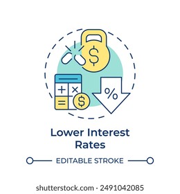 Lower interest rates multi color concept icon. Debt relief solution, expenditure. Round shape line illustration. Abstract idea. Graphic design. Easy to use in infographic, presentation