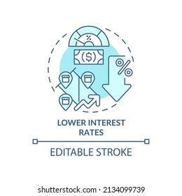 Lower interest rates turquoise concept icon. Encouraging business activity abstract idea thin line illustration. Isolated outline drawing. Editable stroke. Arial, Myriad Pro-Bold fonts used