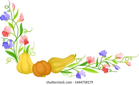 Lower left corner of the long stalks with pumpkins. Vector illustration on white background.