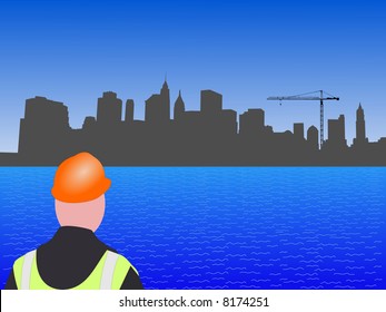 Baustelle in Lower Manhattan mit Arbeiterschaft und Kran