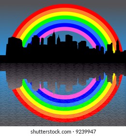 Lower Manhattan skyline with colourful rainbow illustration