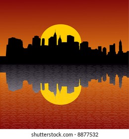 Lower Manhattan skyline at sunset with beautiful sky
