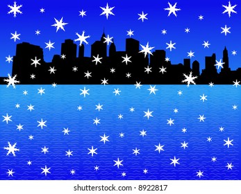 Unteres Manhattan im Winter mit fallender Schneemusik