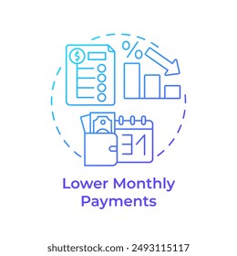 Lower monthly payments blue gradient concept icon. Payment period, financial planner. Round shape line illustration. Abstract idea. Graphic design. Easy to use in infographic, presentation