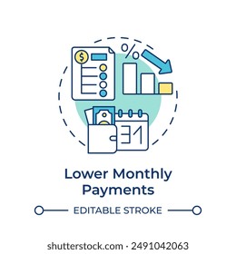 Lower monthly payments multi color concept icon. Payment period, financial planner. Round shape line illustration. Abstract idea. Graphic design. Easy to use in infographic, presentation