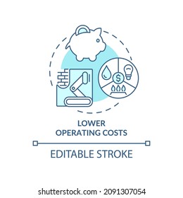 Lower Operating Costs Blue Concept Icon. Industrial Automation Advantages Abstract Idea Thin Line Illustration. Isolated Outline Drawing. Editable Stroke. Roboto-Medium, Myriad Pro-Bold Fonts Used