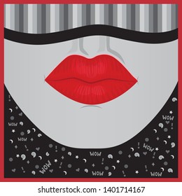 The lower part of the female face is in gray tones with red lips. Drawing of a face with a red edge on the outside.