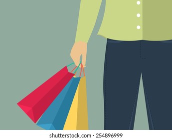 The lower part of the man with packages in flat design