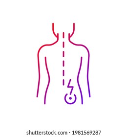 Lower right back pain gradient linear vector icon. Sprains and strains. Muscle-related one-sided backache. Thin line color symbols. Modern style pictogram. Vector isolated outline drawing