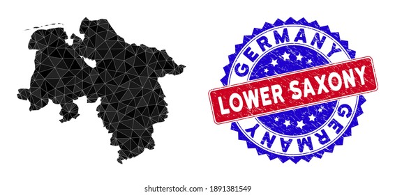 Lower Saxony Land map polygonal mesh with filled triangles, and scratched bicolor seal. Triangle mosaic Lower Saxony Land map with mesh vector model, triangles have randomized sizes, and positions,