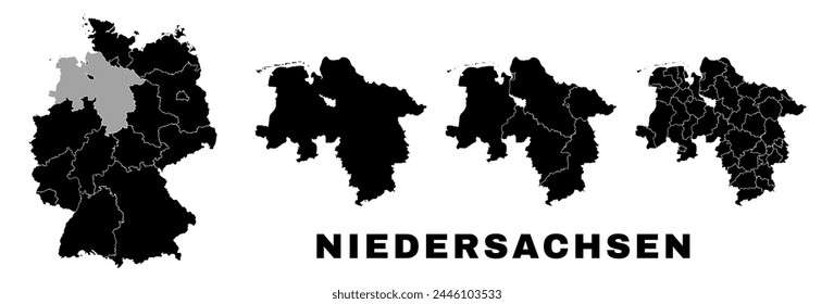 Mapa de Baja Sajonia, estado alemán. Alemania división administrativa, regiones y distritos, amt y municipios.