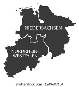 Lower Saxony - North Rhine Westphalia federal states map of Germany black with titles