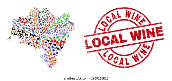 Lower Silesia Province map collage and rubber Local Wine red circle stamp seal. Local Wine stamp uses vector lines and arcs. Lower Silesia Province map collage includes gears, homes, screwdrivers,